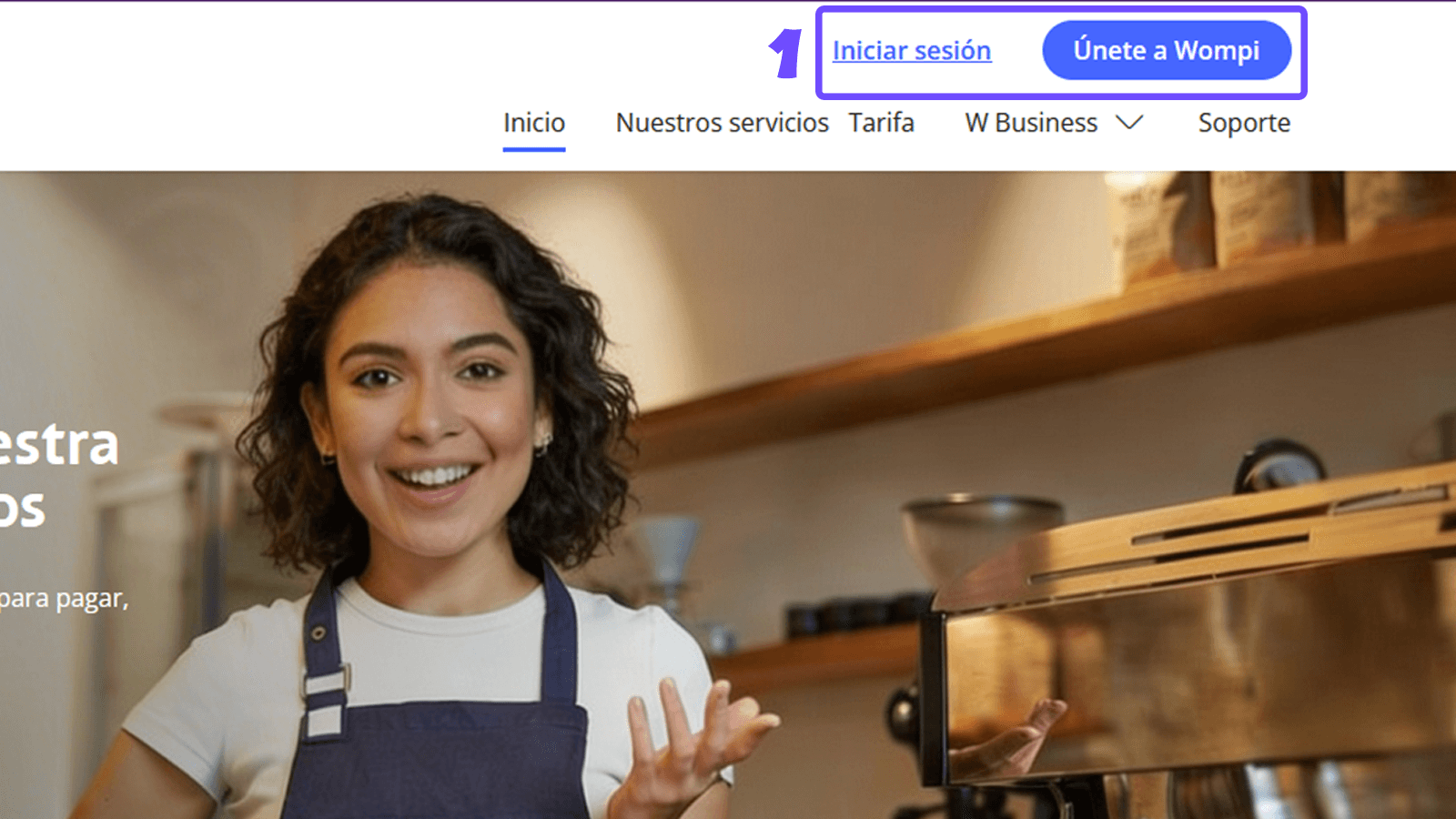 Página principal de Wompi con el enlace Iniciar sesión resaltado.
