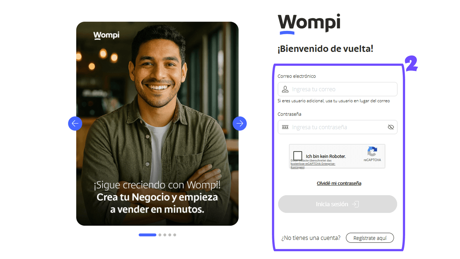Pantalla de inicio de sesión de Wompi.