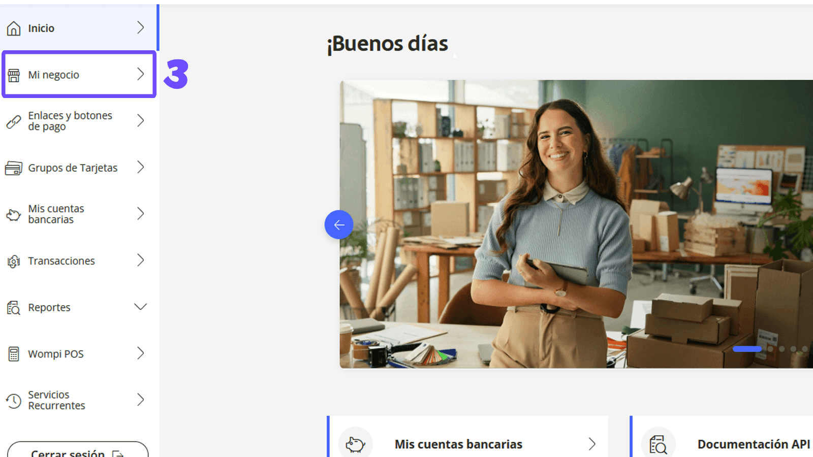 Panel de Wompi con la opción Mi negocio resaltada en la navegación.