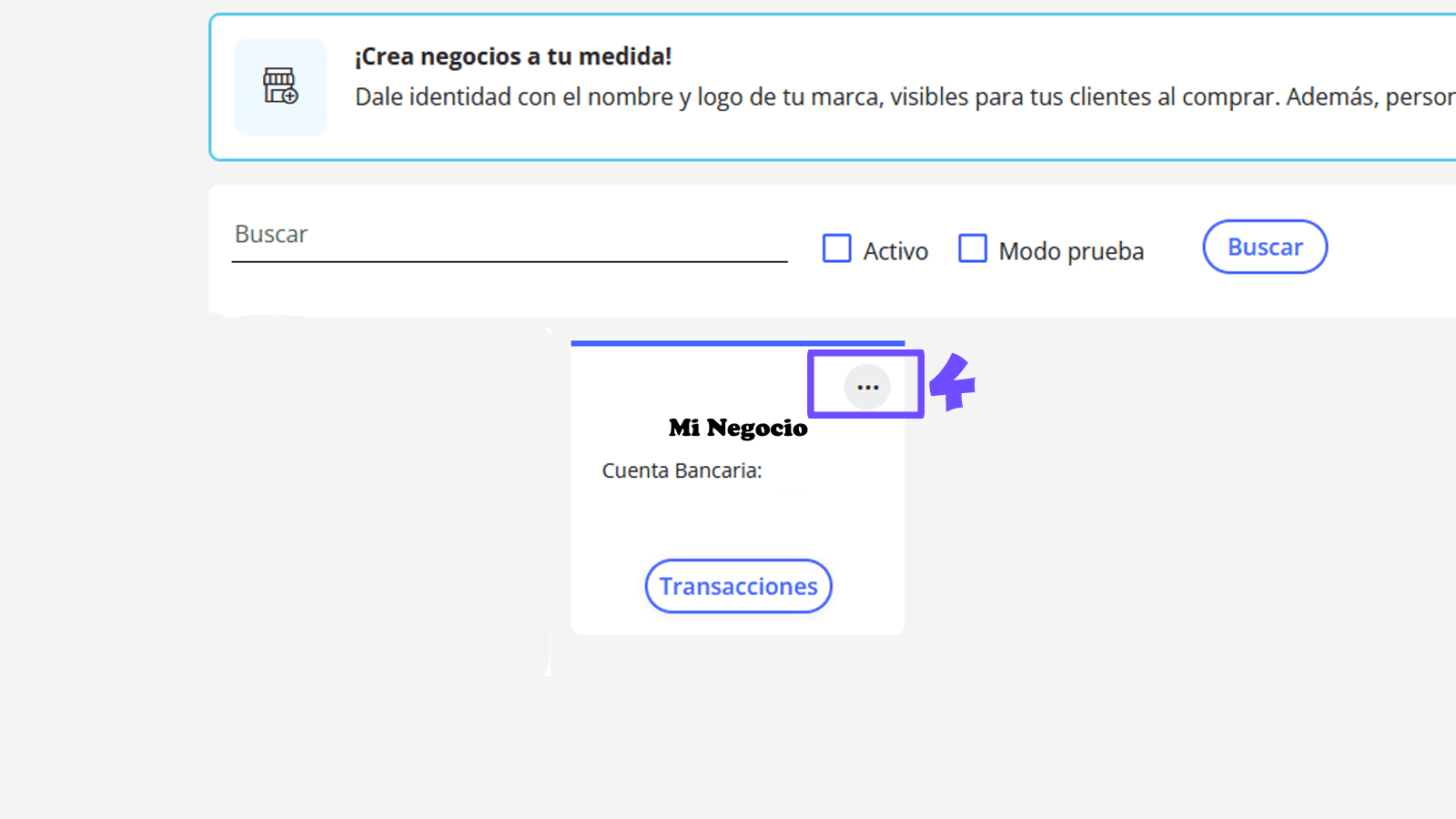 Lista de negocios de Wompi con el menú de tres puntos del negocio resaltado.